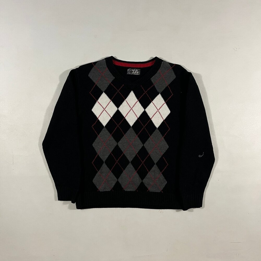 Vintage Y2K XG Black Argyle V-Neck Knit Sweater